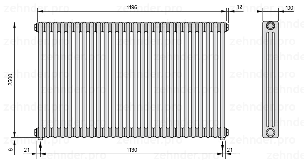 Схема (чертеж) Радиатор Zehnder Charleston 3250/26 №3570 Белый глянцевый RAL 9016